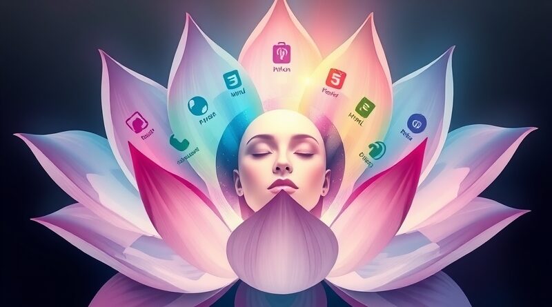 Abstrakcyjny lotos z ikonami języków programowania, w centrum twarz nasłuchująca instrukcji. Symbolizuje AI i innowacje.