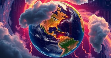 Wir danych tworzący stylizowaną Ziemię otoczoną burzowymi chmurami i świecącymi sieciami infrastruktury. Symbolizuje pomoc AI w katastrofach.