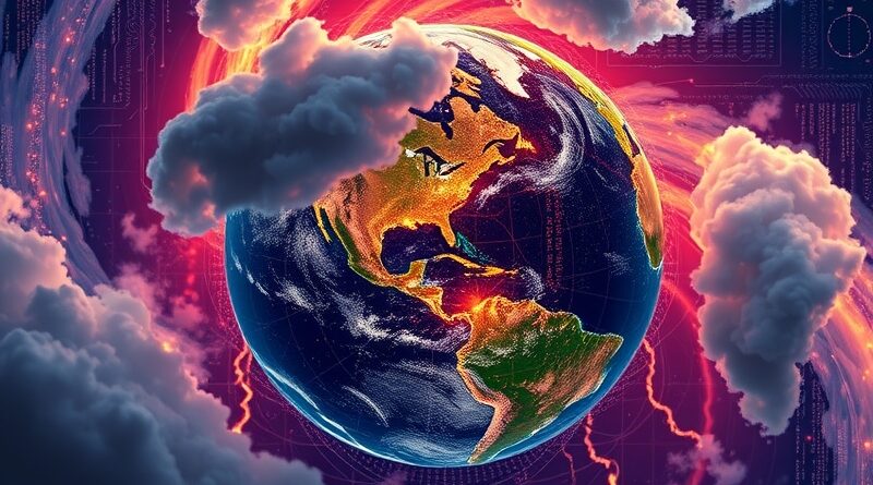 Wir danych tworzący stylizowaną Ziemię otoczoną burzowymi chmurami i świecącymi sieciami infrastruktury. Symbolizuje pomoc AI w katastrofach.