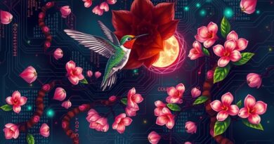 Futurystyczna płytka drukowana opleciona kwitnącymi pnączami Gemini, symbolizująca integrację technologii i natury, otwarty kod.