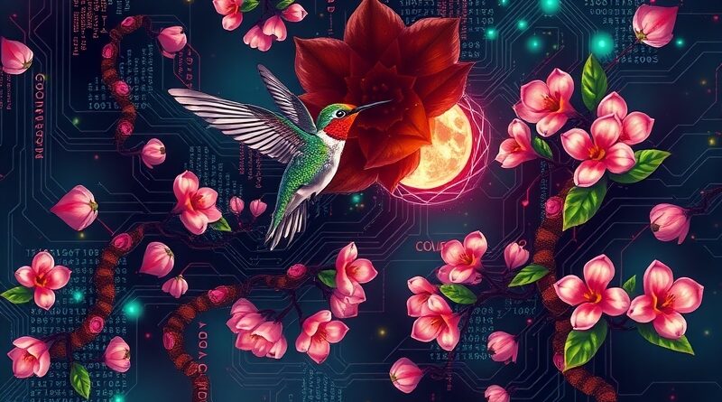 Futurystyczna płytka drukowana opleciona kwitnącymi pnączami Gemini, symbolizująca integrację technologii i natury, otwarty kod.