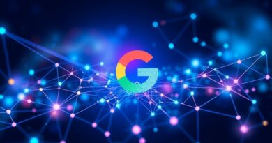 Abstrakcyjna sieć połączonych węzłów, logo Google "G", kod cyfrowy w tle. Reprezentuje połączenie usług AI.