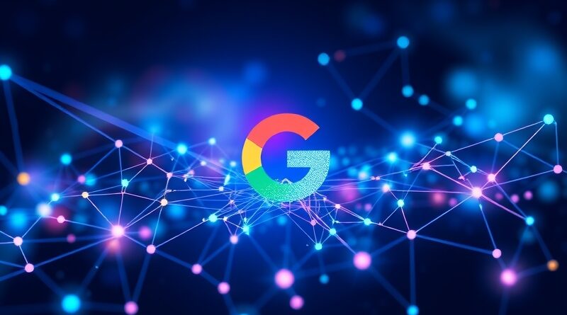 Abstrakcyjna sieć połączonych węzłów, logo Google "G", kod cyfrowy w tle. Reprezentuje połączenie usług AI.