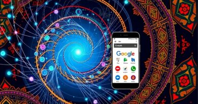 Wibrujący wir danych, indyjskie wzory i smartfon z Google Search w językach Indii. Fusion technologii i kultury.