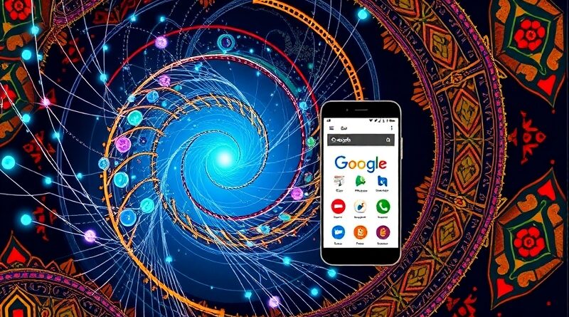 Wibrujący wir danych, indyjskie wzory i smartfon z Google Search w językach Indii. Fusion technologii i kultury.