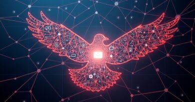 Neuralna sieć mózgów tworząca orła, pióra zmieniają się w ikony cyfrowe, Superhuman Go na pierwszym planie.