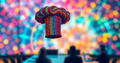 Abstrakcyjna wizualizacja: kolorowy wir kodu tworzy kapelusz szefa kuchni nad stołem konferencyjnym.