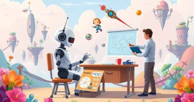 Przyjazny robot Grok uczy się projektowania gier w surrealistycznej scenerii od ludzkiego programisty.