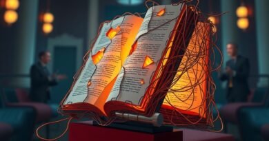 Krucha książka z kabli i kodu, symbol Grokipedii, balansuje na USB. Kontrowersje AI w tle.