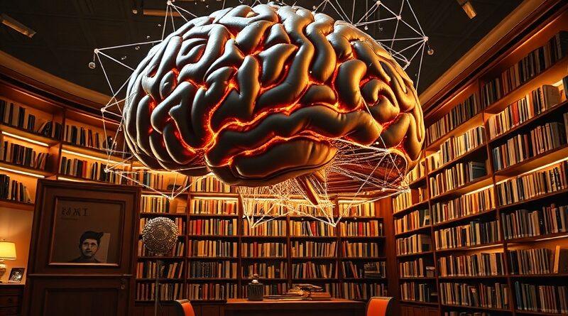 Mózg AI z obwodami nad miniaturową biblioteką Wikipedii, strumienie danych, zagrożenie dla wiedzy.