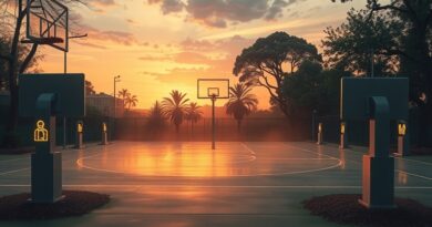 Eteryczne połączenie boiska do koszykówki, ogrodu cmentarnego i cyfrowych interfejsów z akcentem złota.