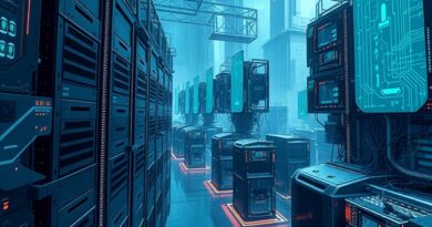 Futurystyczny pejzaż miejski: serwerownie chłodzone cieczą, holograficzne projekcje w odcieniach niebieskiego i zieleni.