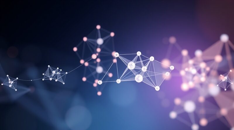 Abstrakcja ewolucji modelu językowego Granite 4.0: kryształowa sieć neuronowa, przepływ danych, futurystyczna paleta barw.