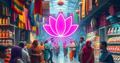 Futurystyczny indyjski bazar. Lotus z obwodów, chatbot AI, łączy kupujących i sprzedawców.