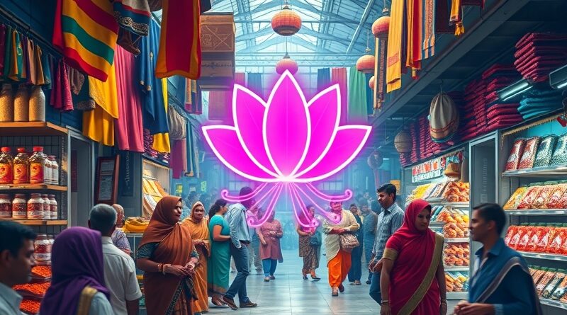 Futurystyczny indyjski bazar. Lotus z obwodów, chatbot AI, łączy kupujących i sprzedawców.