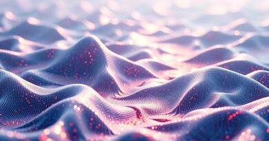 Abstrakcyjny, futurystyczny krajobraz płyty głównej. Opalizujące obwody, eteryczne światło, technologia 18A, Panther Lake.