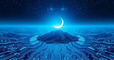 Abstrakcyjny krajobraz płyty głównej z księżycem w nowiu nad cyfrową wyspą Crescent Island, w chłodnym, niebieskim świetle.