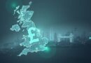 Abstrakcyjna mapa Wielkiej Brytanii z AI, inwestycje rosną, zyski niepewne.