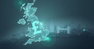 Abstrakcyjna mapa Wielkiej Brytanii z AI, inwestycje rosną, zyski niepewne.