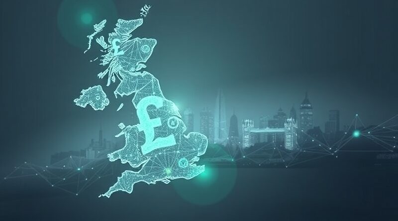 Abstrakcyjna mapa Wielkiej Brytanii z AI, inwestycje rosną, zyski niepewne.
