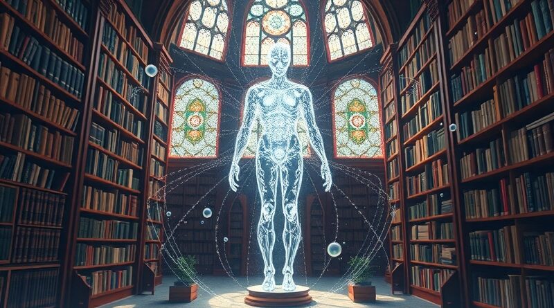 Surrealistyczna biblioteka, AI bibliotekarz, wirujące dane, inżynieria kontekstu, cyfrowa wizja wiedzy.