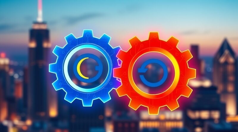 Abstrakcyjne koła zębate (Jack i Jill) w barwach niebieskiej i pomarańczowej, symbolizujące AI w rekrutacji.