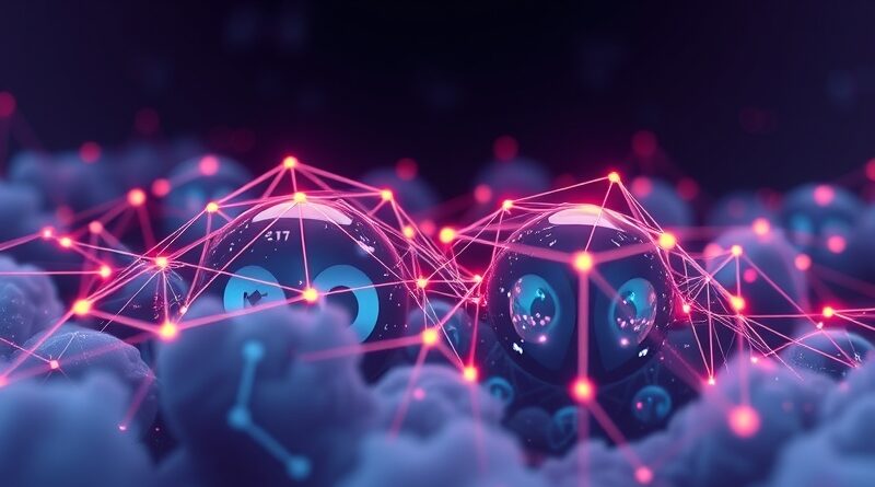 Abstrakcyjna sieć neuronowa symbolizuje rolę AI w linkowaniu SEO, wyłaniająca się z danych.