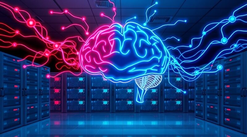 Żarząca się sieć neuronowa nad minimalistyczną serwerownią: chaos czerwonych linii ustępuje proaktywnym, błękitnym połączeniom IT.