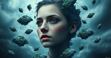 Rozfragmentowana twarz płciowa z językowych fragmentów w burzowym niebie, opleciona binarnym kodem.