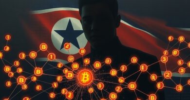 Haker w cieniu binarnym kontroluje sieć kryptowalut, w tle flaga Korei Północnej i blockchain.