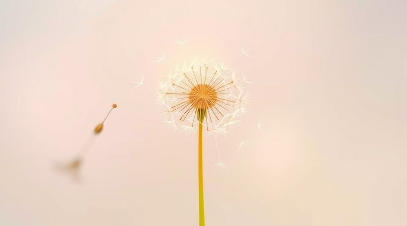 Luminous dandelion seed connects nature and AI, symbolizing hope for human-centered technology.