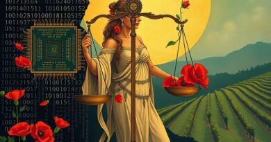 Wagi sprawiedliwości balansujące czip i kiełek. Kalifornia reguluje AI w stylu Art Nouveau.