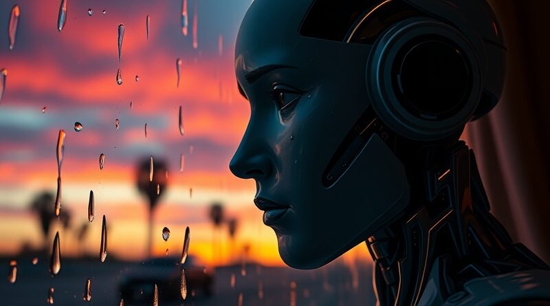 Melancholijny android patrzy przez zaparowane deszczem okno na kalifornijski zachód słońca.