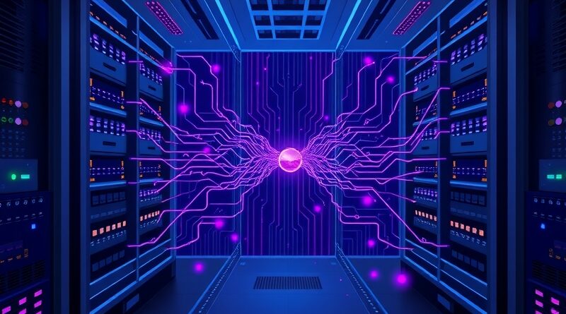 Abstrakcyjna wizualizacja treningu sieci neuronowej nanochat, szybki proces uczenia maszynowego podkreślony klepsydrą.