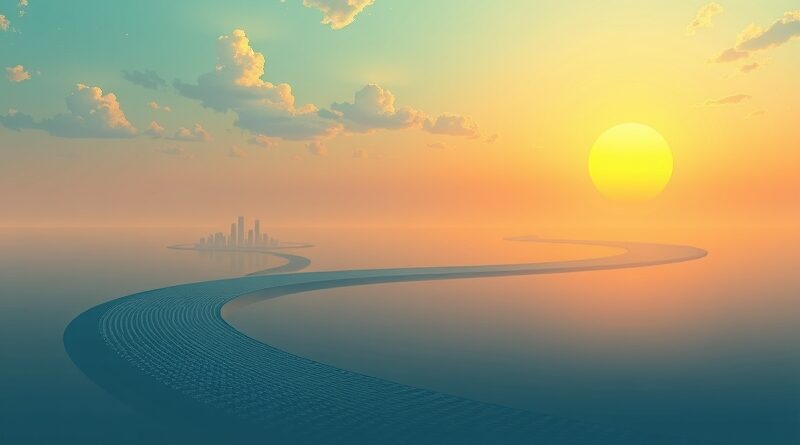 Rzeka zmienia się w binarny kod prowadzący do futurystycznego miasta. Chmury jako dymki dialogowe.