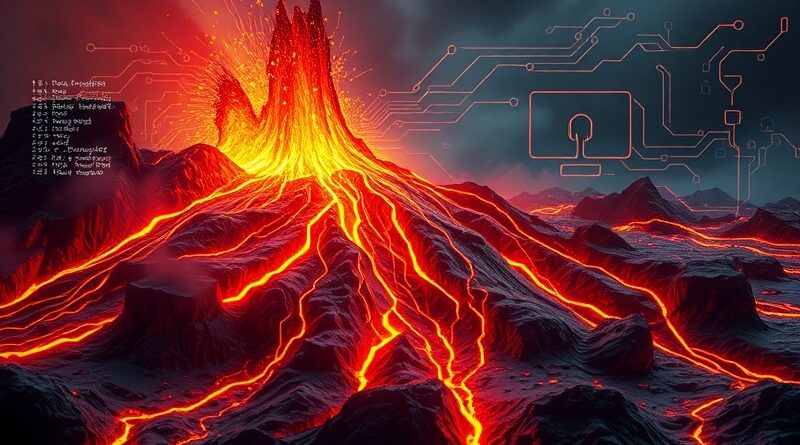 Abstrakcyjna erupcja wulkanu jako cyfrowy obwód, dane i AI. Chaos i porządek.