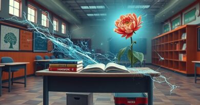 Biurko szkolne przeobraża się w sieć neuronową, kwiat symbolizuje kreatywność. Koniec tradycyjnych prac domowych?