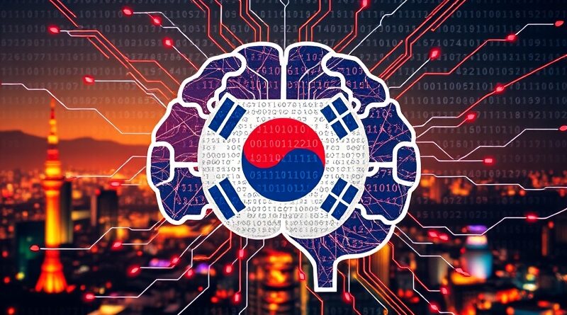 Koreańska flaga, kod binarny, mózg AI i panorama Seulu symbolizują bezpieczeństwo oraz wiarygodność sztucznej inteligencji.