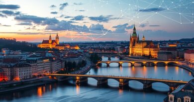 Kraków przyszłości: panorama miasta z elementami AI, odzwierciedlona w Wiśle, symbol projektu Gaia.