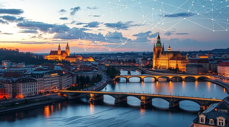 Kraków przyszłości: panorama miasta z elementami AI, odzwierciedlona w Wiśle, symbol projektu Gaia.