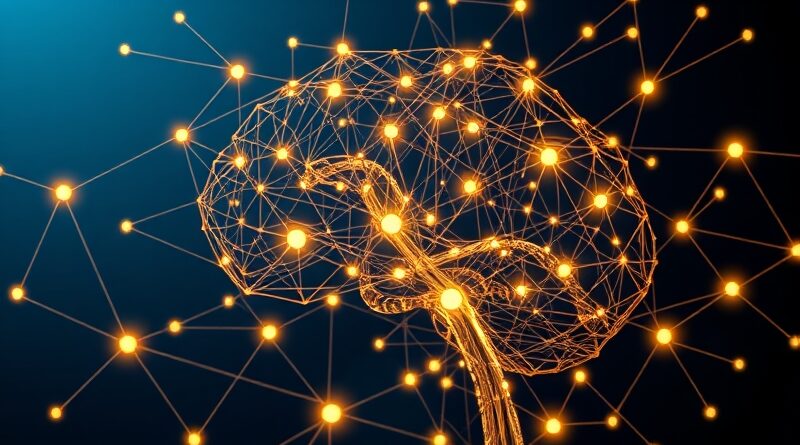 Złota sieć neuronowa na niebieskim tle, symbolizująca złożoność integracji i orkiestracji AI w LangChain.