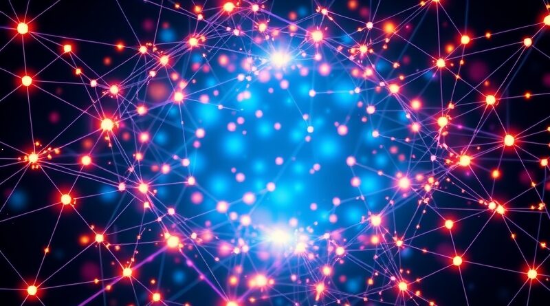 Abstrakcyjna sieć połączonych, świetlistych węzłów, reprezentująca generowanie wideo AI: szybkość, rozdzielczość 4K i zsynchronizowany dźwięk.