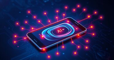Abstrakcyjny telefon z siecią neuronową symbolizuje Liquid AI, model MoE dla urządzeń mobilnych.