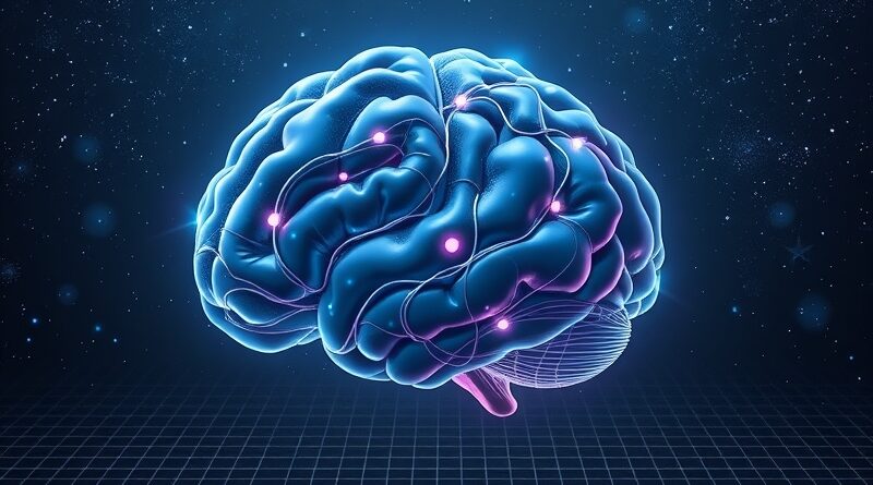 Surrealistyczna wizja silikonowego mózgu z płynnymi obwodami na tle gwiazd, symbolizująca AI na urządzeniach brzegowych.