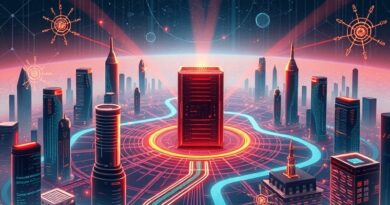 Abstrakcyjny, futurystyczny krajobraz miasta z węzłami sieci neuronowej, strumieniami danych i serwerownią w stylu Art Deco.