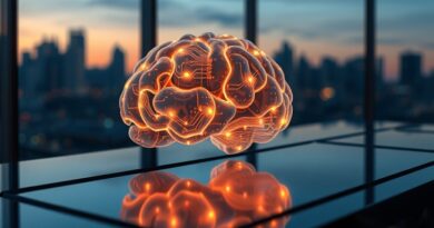 Świecący mózg z obwodów na biurku, symbol lokalnej AI i mocy RTX.