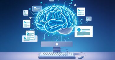 Świecący mózg z obwodami na pulpicie komputera, okna z kodem symbolizują interakcję AI.