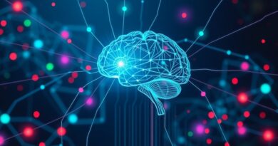 Abstrakcyjna sieć danych wpływających do mózgu z glitchami, symbolizuje podatność na ataki AI.