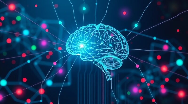 Abstrakcyjna sieć danych wpływających do mózgu z glitchami, symbolizuje podatność na ataki AI.