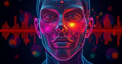 Abstrakcyjny portret twarzy uformowanej z fal dźwiękowych. Dynamiczne kolory wokół ust symbolizują komunikację. AI rekrutacja.